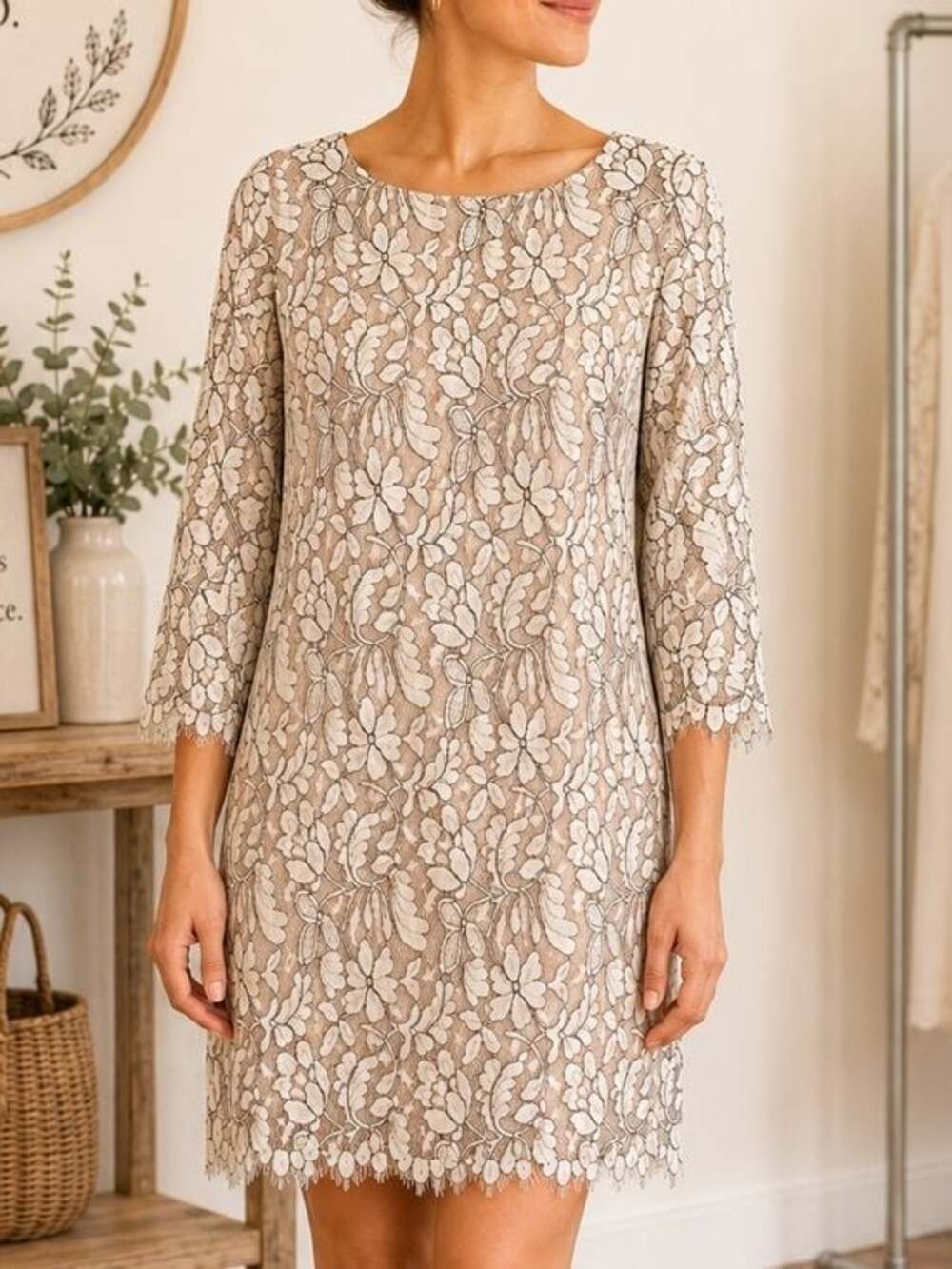 NWT Jessica Howard Petite 10P Floral Lace Shift Dress Beige Cream 3/4 Sleeve